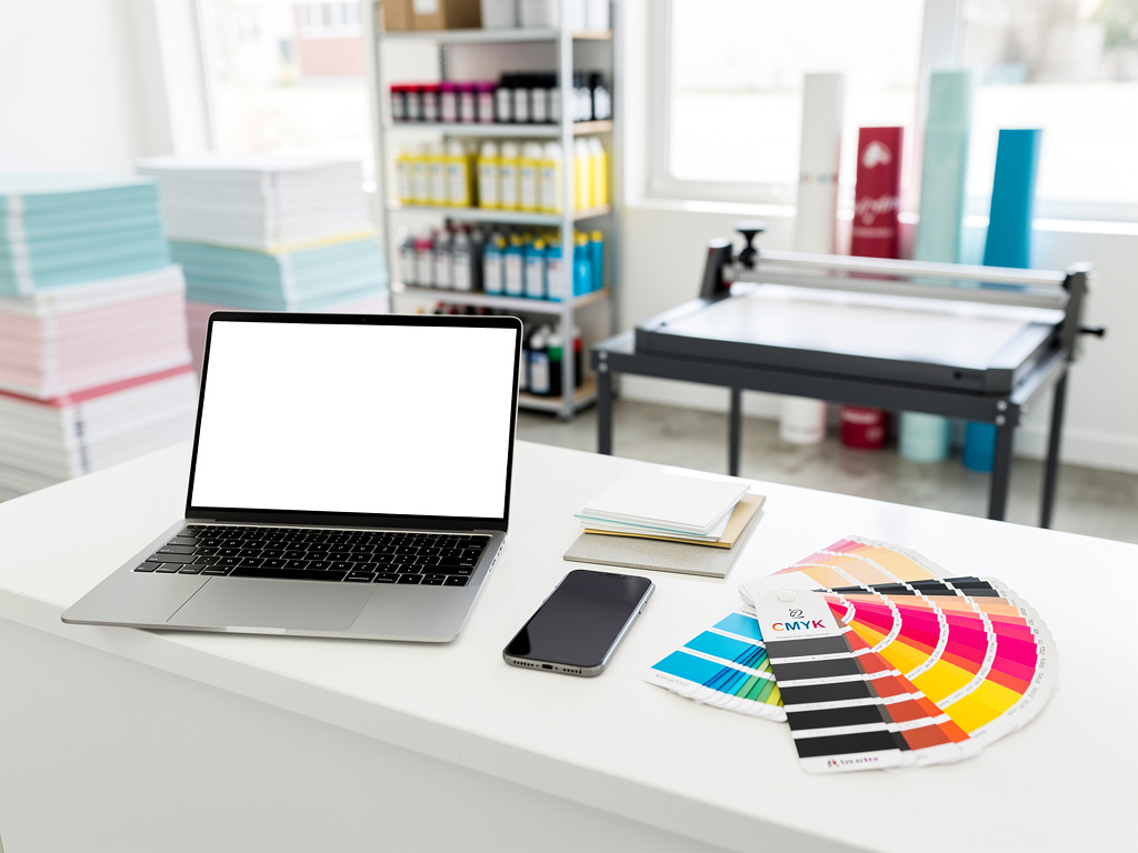 A clean white service counter with a laptop, a phone, paper samples and a CMYK swatch book, the print shop softly blurre