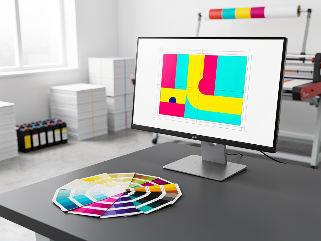 Close-up of a monitor showing a colorful layout with crop marks beside a calibrated color swatch fan, no readable text.