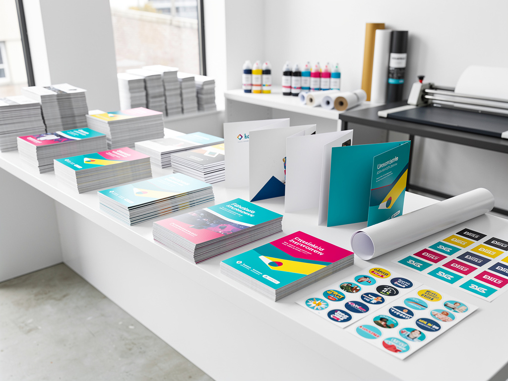Neat rows of printed flyers, folded folders, sticker sheets and a rolled banner arranged on a long white shelf.