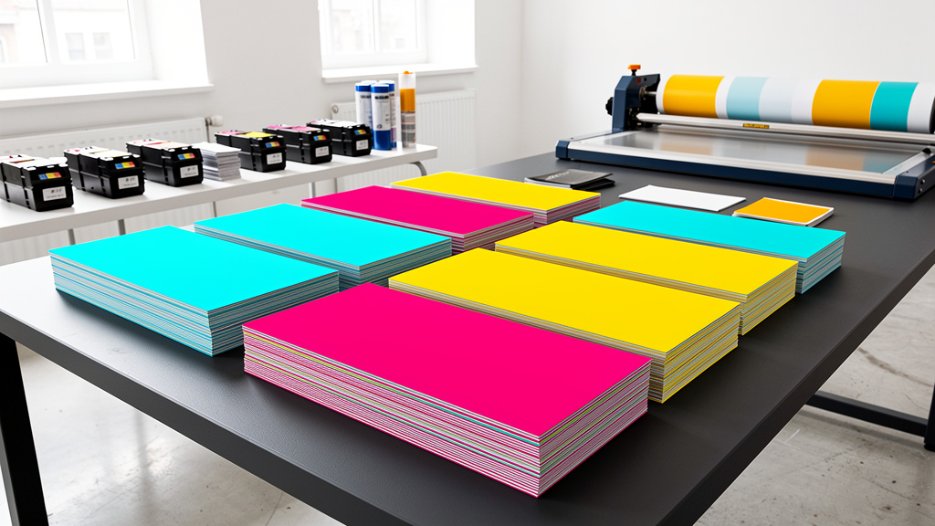Fanned-out stacks of freshly printed cards and flyers in cyan, magenta and yellow on a charcoal work table, with white s