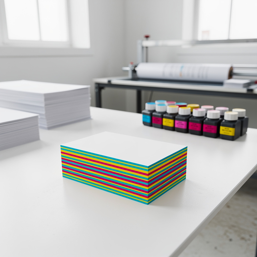 A neat stack of blank-faced premium business cards with cyan, magenta and yellow edge-painted sides on a clean white sur