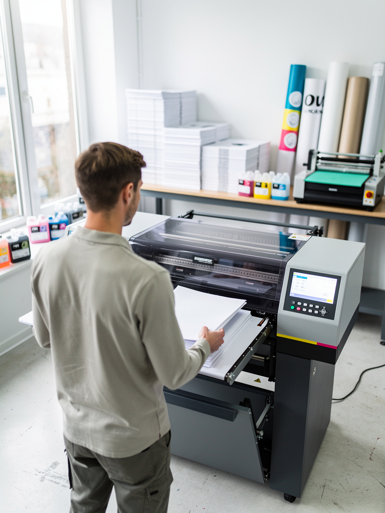A printer operator seen from behind loading paper into a digital press, soft window light, background slightly blurred.